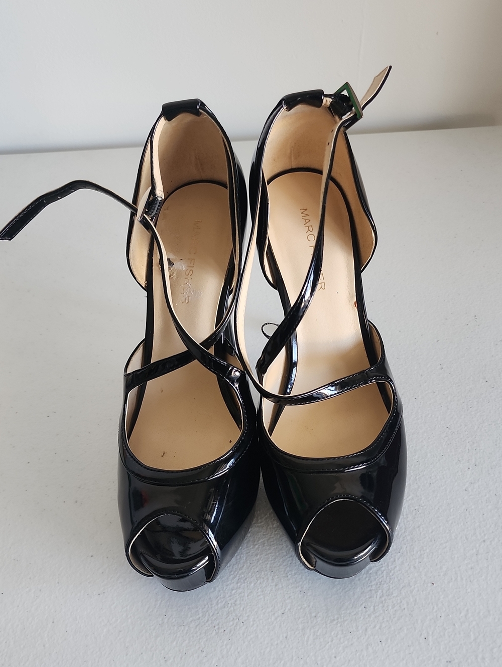 Marc Fisher Black Patent Peep-Toe Strappy Heels